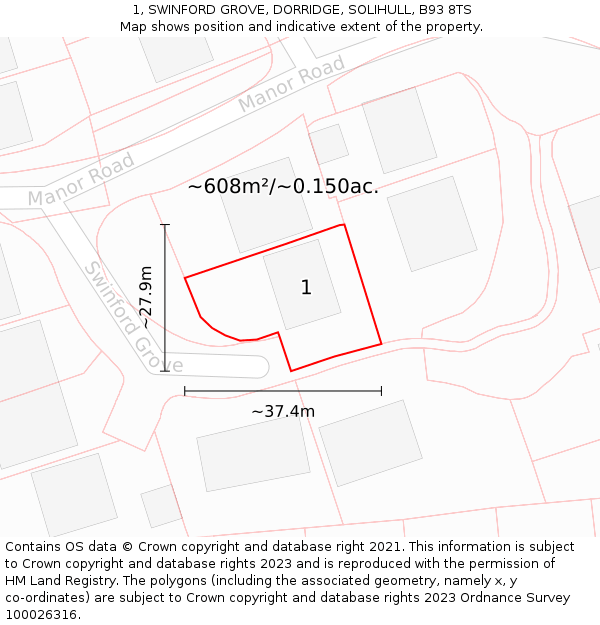 1, SWINFORD GROVE, DORRIDGE, SOLIHULL, B93 8TS: Plot and title map