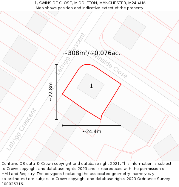 1, SWINSIDE CLOSE, MIDDLETON, MANCHESTER, M24 4HA: Plot and title map