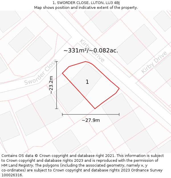 1, SWORDER CLOSE, LUTON, LU3 4BJ: Plot and title map