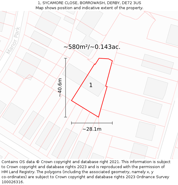 1, SYCAMORE CLOSE, BORROWASH, DERBY, DE72 3US: Plot and title map