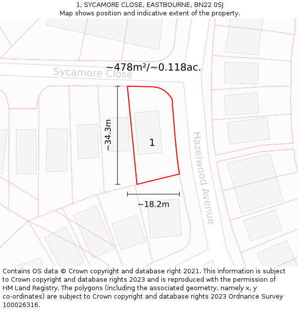 1, SYCAMORE CLOSE, EASTBOURNE, BN22 0SJ: Plot and title map