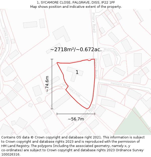 1, SYCAMORE CLOSE, PALGRAVE, DISS, IP22 1PF: Plot and title map