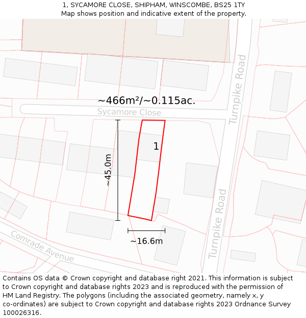 1, SYCAMORE CLOSE, SHIPHAM, WINSCOMBE, BS25 1TY: Plot and title map