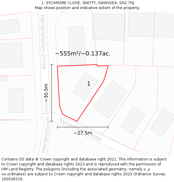 1, SYCAMORE CLOSE, SKETTY, SWANSEA, SA2 7NJ: Plot and title map