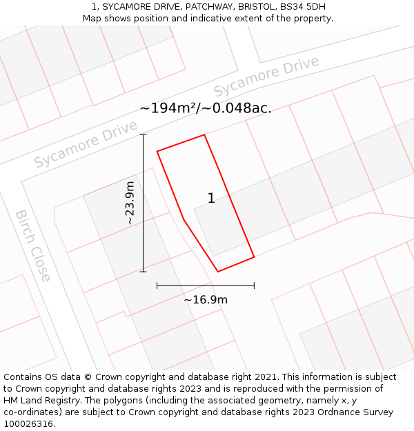 1, SYCAMORE DRIVE, PATCHWAY, BRISTOL, BS34 5DH: Plot and title map