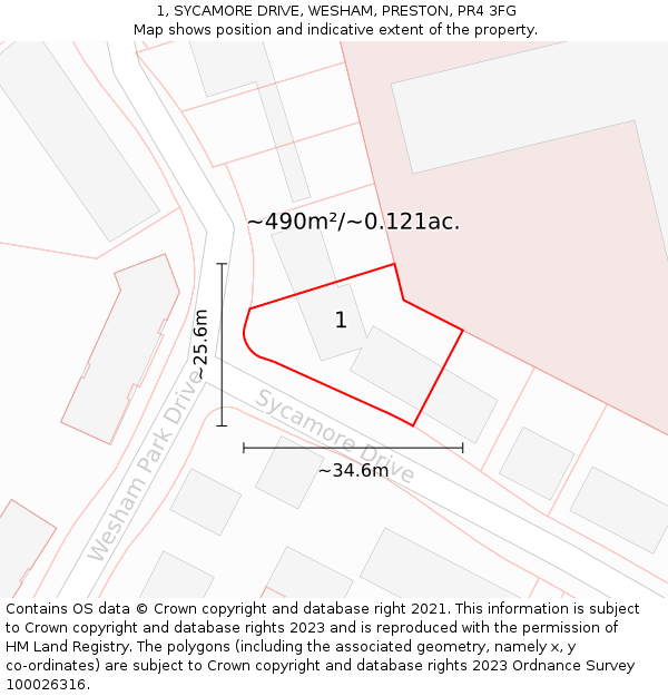 1, SYCAMORE DRIVE, WESHAM, PRESTON, PR4 3FG: Plot and title map