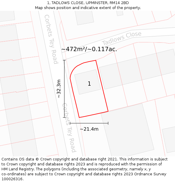 1, TADLOWS CLOSE, UPMINSTER, RM14 2BD: Plot and title map