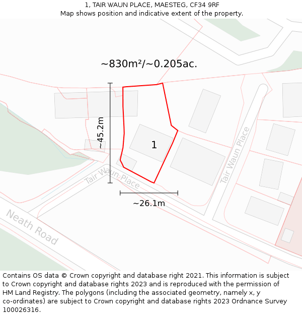 1, TAIR WAUN PLACE, MAESTEG, CF34 9RF: Plot and title map