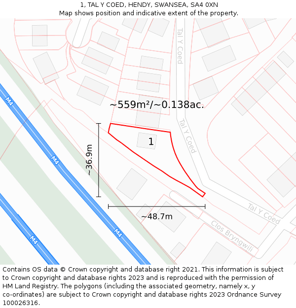 1, TAL Y COED, HENDY, SWANSEA, SA4 0XN: Plot and title map