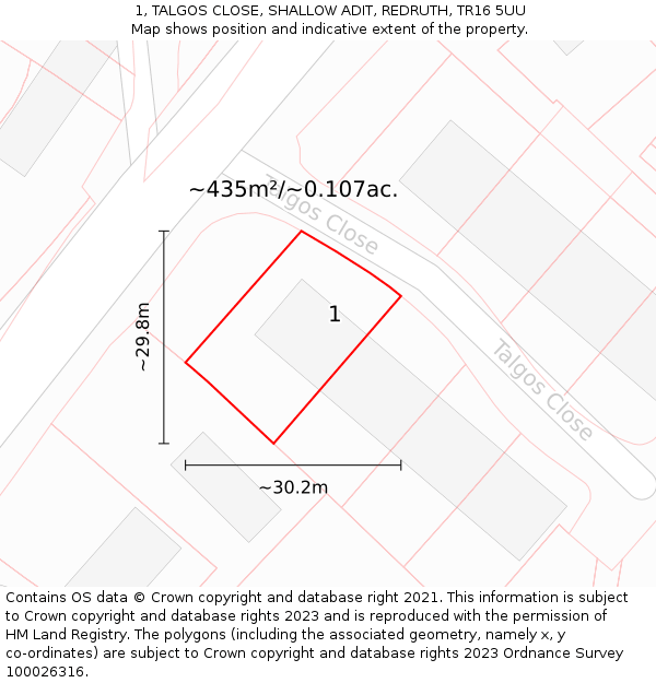 1, TALGOS CLOSE, SHALLOW ADIT, REDRUTH, TR16 5UU: Plot and title map