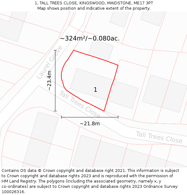 1, TALL TREES CLOSE, KINGSWOOD, MAIDSTONE, ME17 3PT: Plot and title map