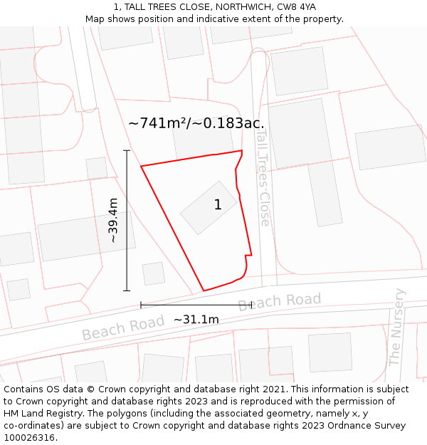 1, TALL TREES CLOSE, NORTHWICH, CW8 4YA: Plot and title map