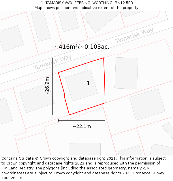 1, TAMARISK WAY, FERRING, WORTHING, BN12 5ER: Plot and title map
