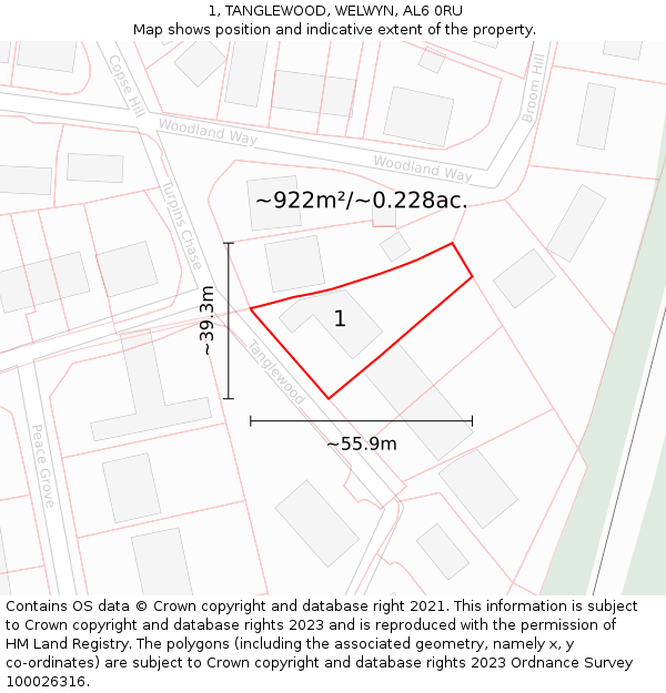 1, TANGLEWOOD, WELWYN, AL6 0RU: Plot and title map