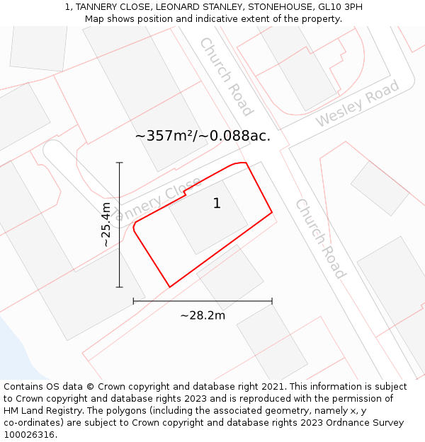 1, TANNERY CLOSE, LEONARD STANLEY, STONEHOUSE, GL10 3PH: Plot and title map