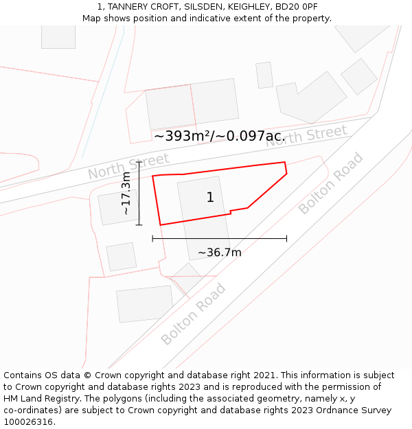 1, TANNERY CROFT, SILSDEN, KEIGHLEY, BD20 0PF: Plot and title map