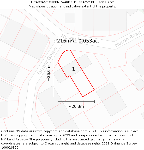1, TARRANT GREEN, WARFIELD, BRACKNELL, RG42 2QZ: Plot and title map