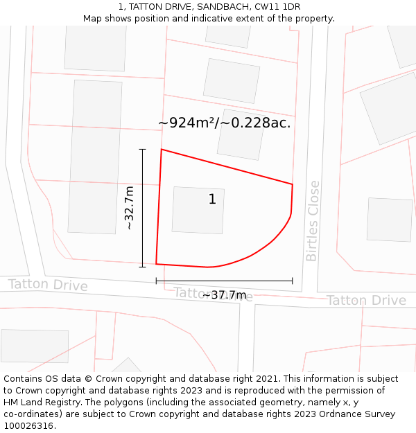 1, TATTON DRIVE, SANDBACH, CW11 1DR: Plot and title map