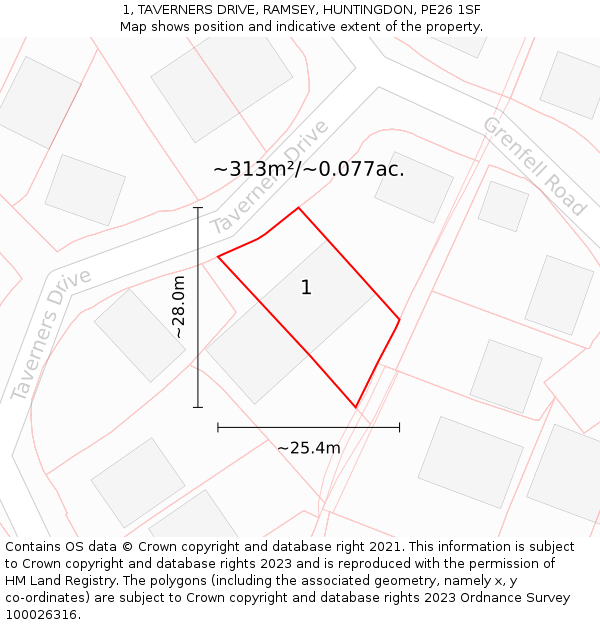 1, TAVERNERS DRIVE, RAMSEY, HUNTINGDON, PE26 1SF: Plot and title map