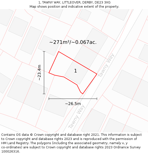 1, TAWNY WAY, LITTLEOVER, DERBY, DE23 3XG: Plot and title map