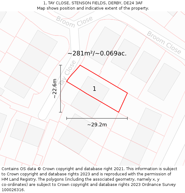 1, TAY CLOSE, STENSON FIELDS, DERBY, DE24 3AF: Plot and title map