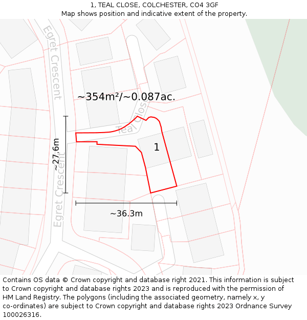 1, TEAL CLOSE, COLCHESTER, CO4 3GF: Plot and title map