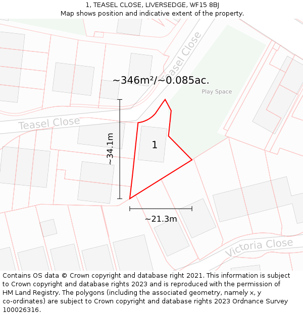 1, TEASEL CLOSE, LIVERSEDGE, WF15 8BJ: Plot and title map