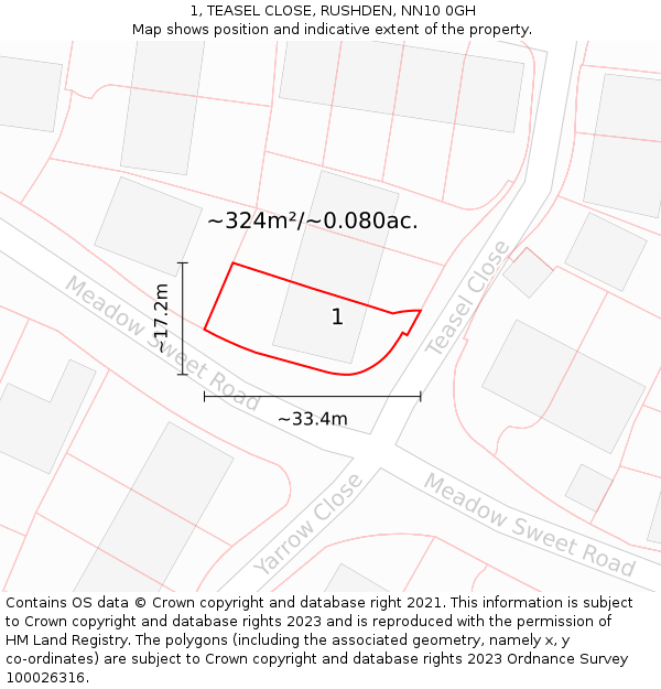 1, TEASEL CLOSE, RUSHDEN, NN10 0GH: Plot and title map