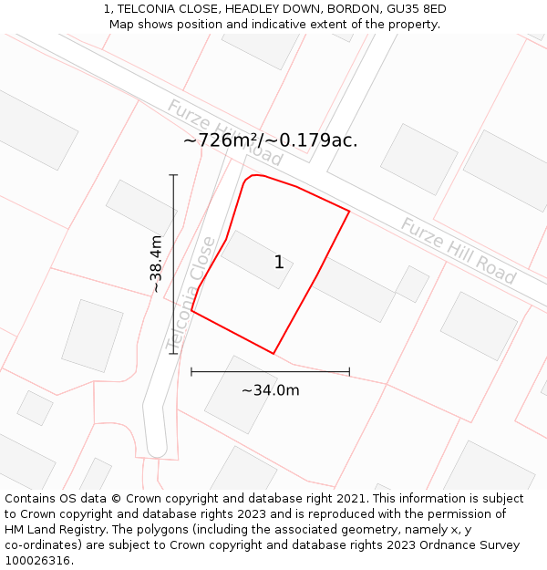 1, TELCONIA CLOSE, HEADLEY DOWN, BORDON, GU35 8ED: Plot and title map