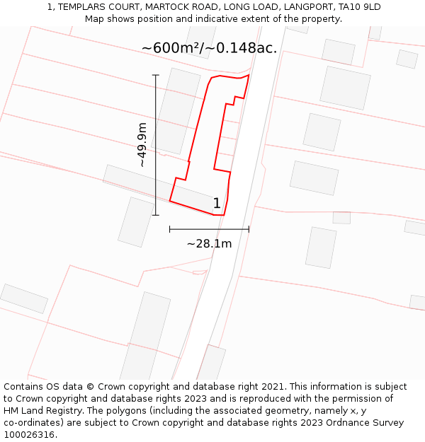 1, TEMPLARS COURT, MARTOCK ROAD, LONG LOAD, LANGPORT, TA10 9LD: Plot and title map