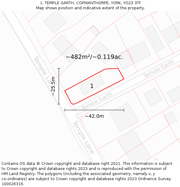 1, TEMPLE GARTH, COPMANTHORPE, YORK, YO23 3TF: Plot and title map