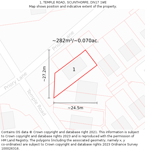 1, TEMPLE ROAD, SCUNTHORPE, DN17 1WE: Plot and title map