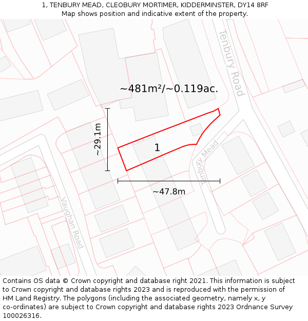 1, TENBURY MEAD, CLEOBURY MORTIMER, KIDDERMINSTER, DY14 8RF: Plot and title map