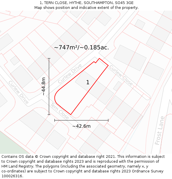 1, TERN CLOSE, HYTHE, SOUTHAMPTON, SO45 3GE: Plot and title map