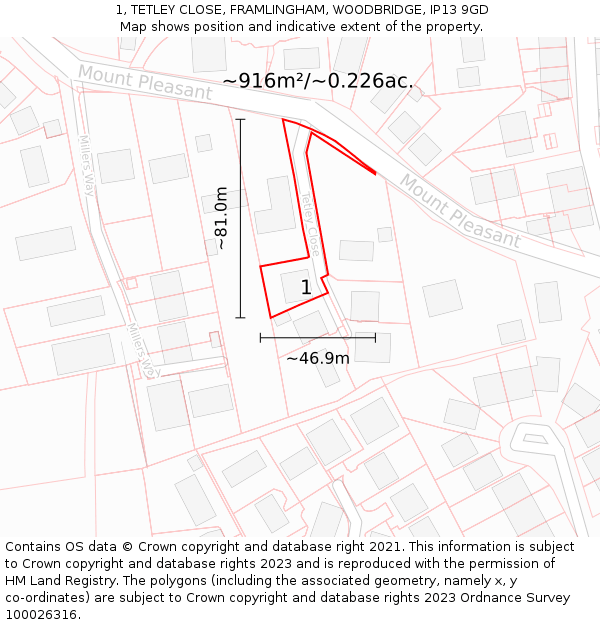 1, TETLEY CLOSE, FRAMLINGHAM, WOODBRIDGE, IP13 9GD: Plot and title map