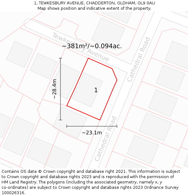 1, TEWKESBURY AVENUE, CHADDERTON, OLDHAM, OL9 0AU: Plot and title map