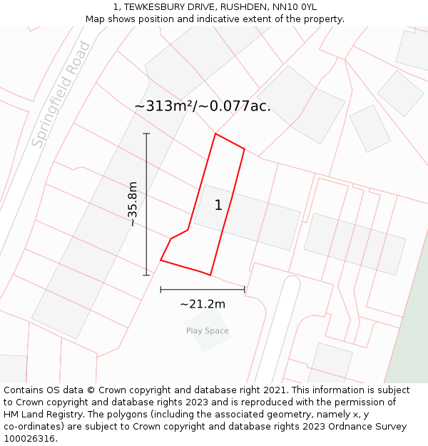 1, TEWKESBURY DRIVE, RUSHDEN, NN10 0YL: Plot and title map
