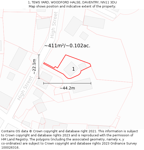 1, TEWS YARD, WOODFORD HALSE, DAVENTRY, NN11 3DU: Plot and title map