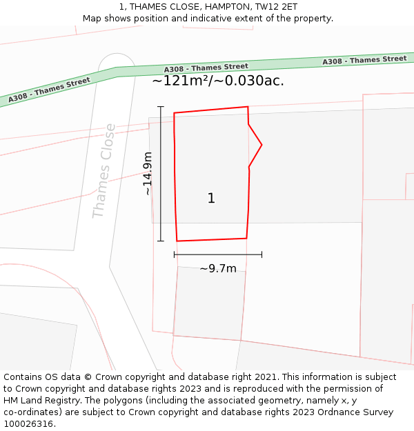 1, THAMES CLOSE, HAMPTON, TW12 2ET: Plot and title map