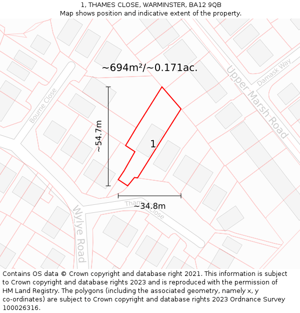 1, THAMES CLOSE, WARMINSTER, BA12 9QB: Plot and title map