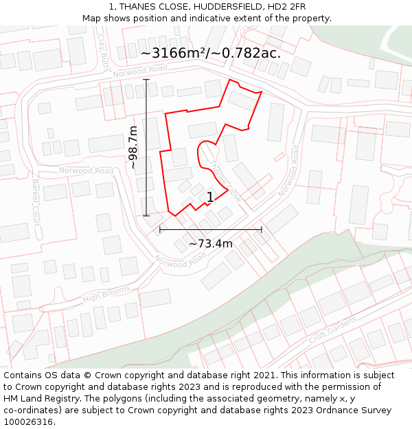 1, THANES CLOSE, HUDDERSFIELD, HD2 2FR: Plot and title map