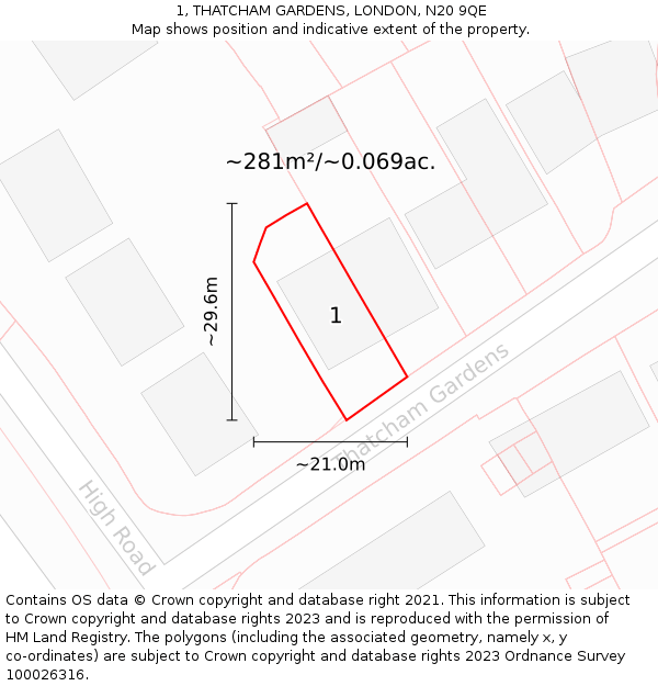 1, THATCHAM GARDENS, LONDON, N20 9QE: Plot and title map