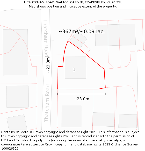 1, THATCHAM ROAD, WALTON CARDIFF, TEWKESBURY, GL20 7SL: Plot and title map