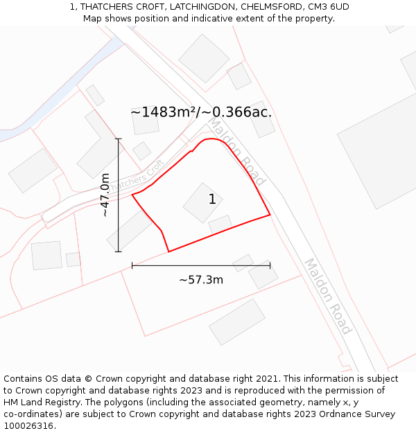 1, THATCHERS CROFT, LATCHINGDON, CHELMSFORD, CM3 6UD: Plot and title map