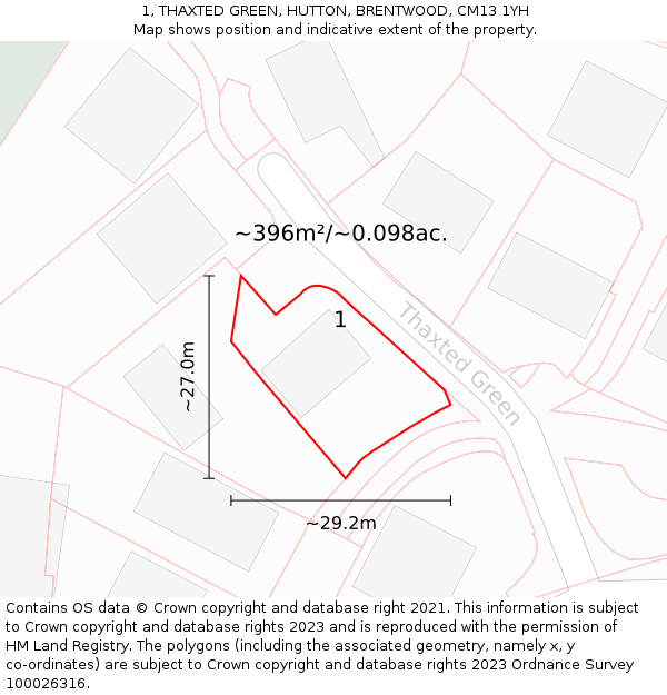 1, THAXTED GREEN, HUTTON, BRENTWOOD, CM13 1YH: Plot and title map