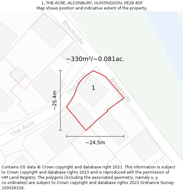 1, THE ACRE, ALCONBURY, HUNTINGDON, PE28 4DF: Plot and title map