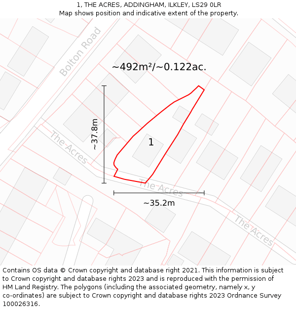 1, THE ACRES, ADDINGHAM, ILKLEY, LS29 0LR: Plot and title map
