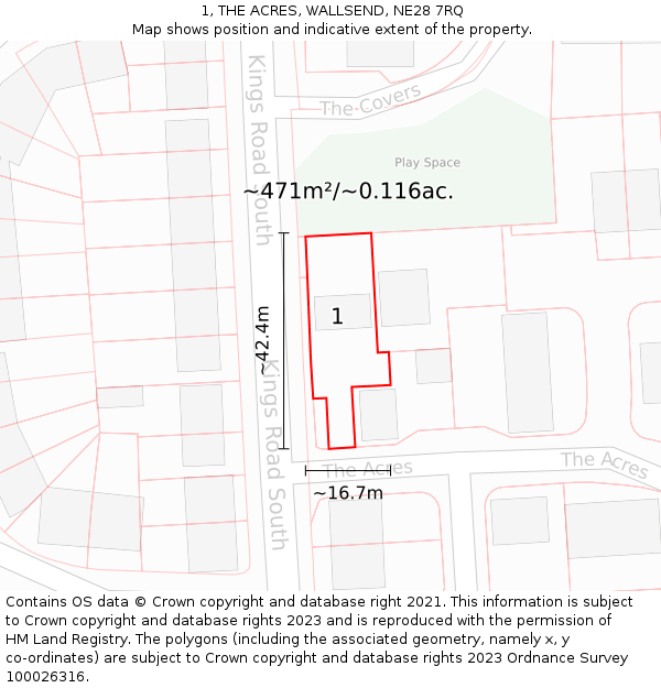 1, THE ACRES, WALLSEND, NE28 7RQ: Plot and title map