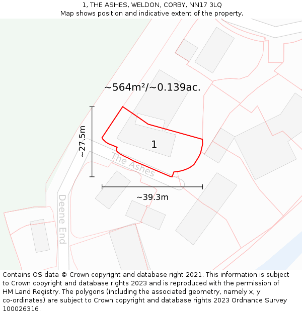 1, THE ASHES, WELDON, CORBY, NN17 3LQ: Plot and title map