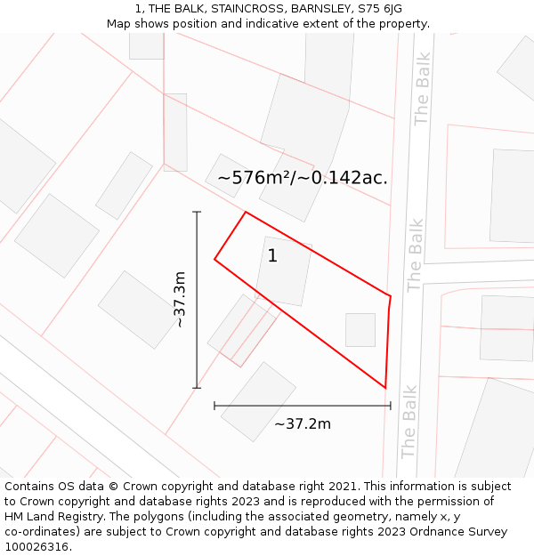 1, THE BALK, STAINCROSS, BARNSLEY, S75 6JG: Plot and title map